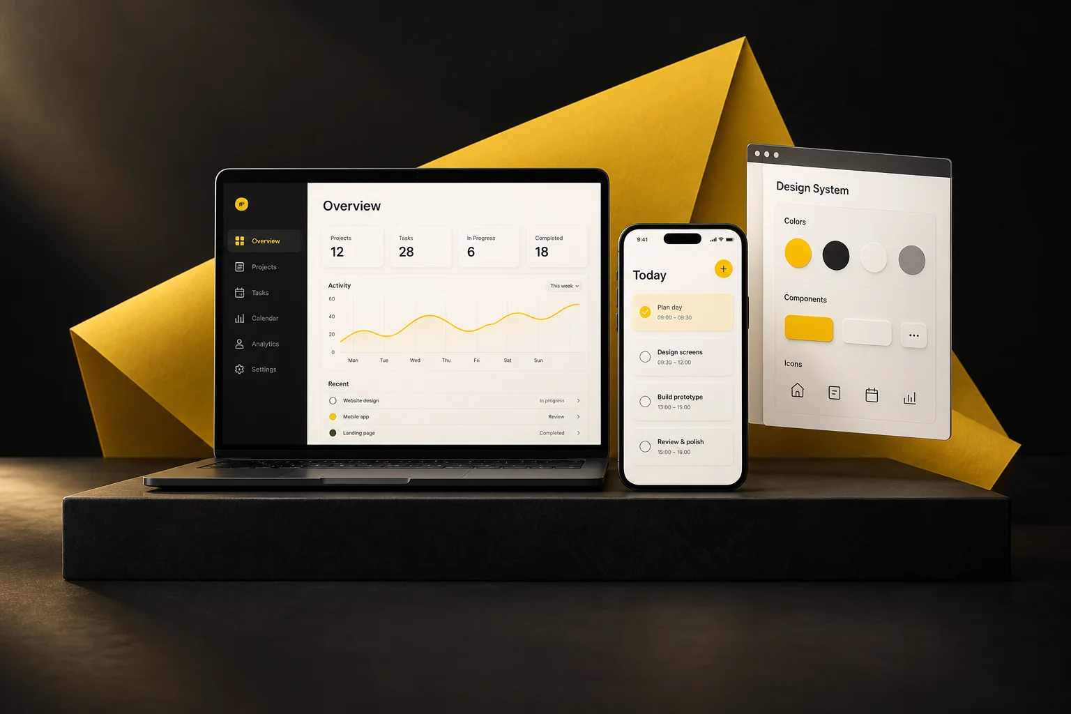 Concept mobile and web app interfaces in Astra’s yellow-and-black palette.